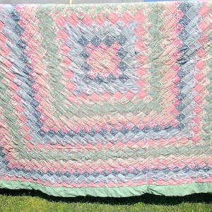 Vintage 90s Patchwork Cotton Quilt: Sage Green & Pink Full Size