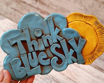 1970s Cloud & Sunshine Wall Hanging | Handmade Resin "Think Blue Sky" Art Very 70s!