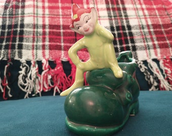 Vintage Japan Pixie Figurine: Shelf Sitter on Boot Planter