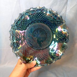 Carnival Glass Plate w/ Ruffled-Edge | Vintage Blue Carnival Glass Plate | Indiana Glass Starburst Plate | Indiana Glass Carnival Color