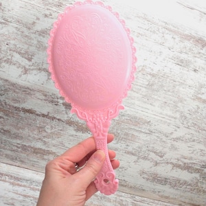 Baby Pink Plastic Floral Hand Mirror | Vintage Hand Mirror  | Soft Vintage Pink Hand Mirror | Vintage Handled Mirror for Vintage Vanity