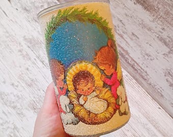 Vintage 1970s Nativity Scene Candle with Sugar Texture : UNUSED by Crysto-Glass