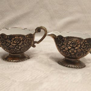 Enamel and Silver Etched Floral Creamer and Sugar Set | Enamel Cream & Sugar Set | Vtg Silver Etched Floral Set w/ White Enamel Cream/Sugar