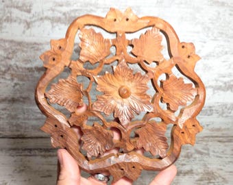 Hand Carved Floral Wooden Trivet: Vintage Boho Kitchen Decor