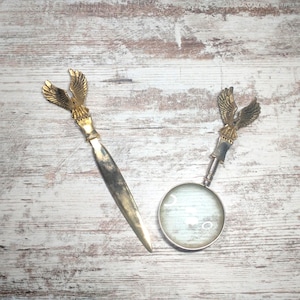 Letter Opener & Magnifying Glass | Vintage Stamp Collecting | Vintage Desk Accessories | Vtg Brass Letter Opener / Magnifying Glass w/ Eagle