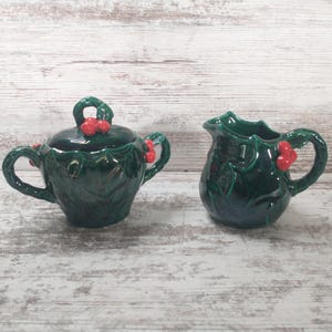 Lefton Green Christmas Creamer and Sugar Set | Vintage Lefton Holly Cream and Sugar Set | Vintage Green Holly w/ Berries Cream & Sugar Set