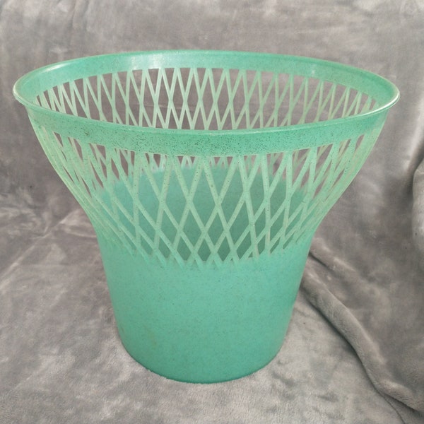 Vintage Aqua Waste Paper Basket | Vintage Turquoise with Gold Sparkles Trash Can | Trash Can for Vanity\Desk | Vintage Trash Can | 60s Bath