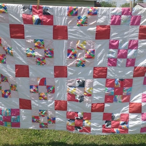 90s Patchwork Quilt: Handmade Vintage Cotton Blend Twin Quilt