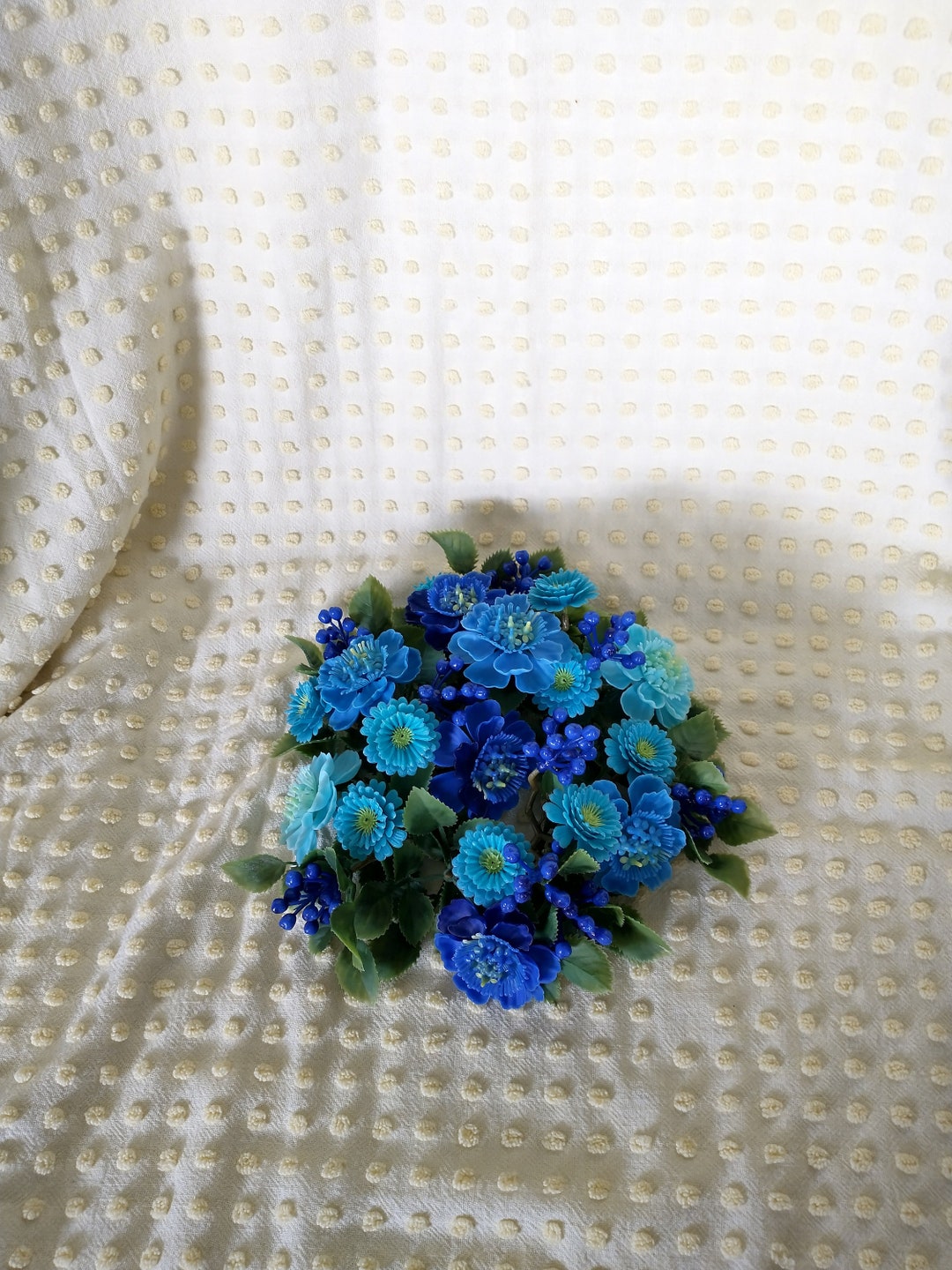 Plastic Blue and Aqua Flowers Candle Ring Retro 80s Plastic Floral
