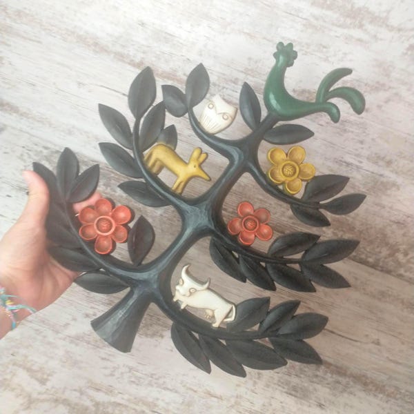 Arte de pared vintage del Árbol de la Vida de Homco: Juego de placas bohemias con animales y flores de 1963