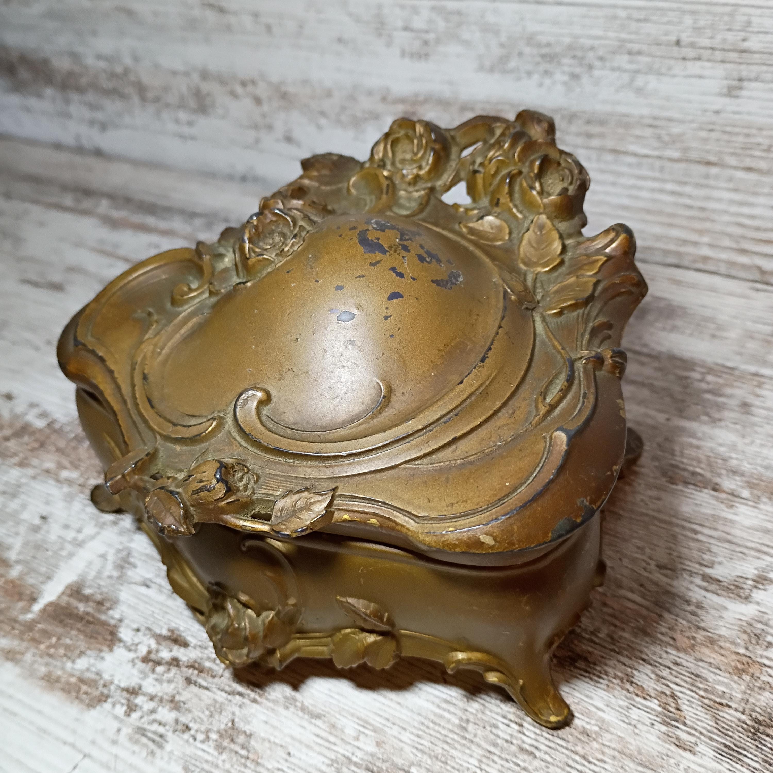 Ornate Brass Trinket Box Vintage Hinged Jewelry Dish with Feet