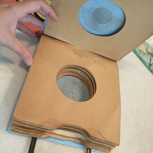 May include: A stack of brown paper record sleeves with a blue cardboard cover. The cover has a round hole and the text "Bobby's Girls" written on it.