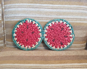 2 Vintage Wicker Trivets | Vintage Wicker Hot Pads | Vintage Wicker Watermelon Trivets | Vintage Watermelon Trivets | Vintage Straw Trivets
