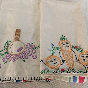 Beautiful Hand-Embroidered Vintage Linen Towlels + Freebie Embroidered Linen  | Tea Towels w/ Anthropomorphic Veggies Set of 2 (+freebie)