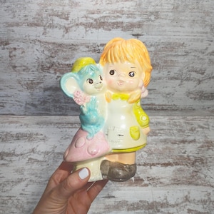 Vintage Mushroom Piggy Bank | Vintage Girl with Mouse on Mushroom Bank | Bright 1970s Piggy Bank | Vintage 70s Piggy Bank | Retro Piggy Bank