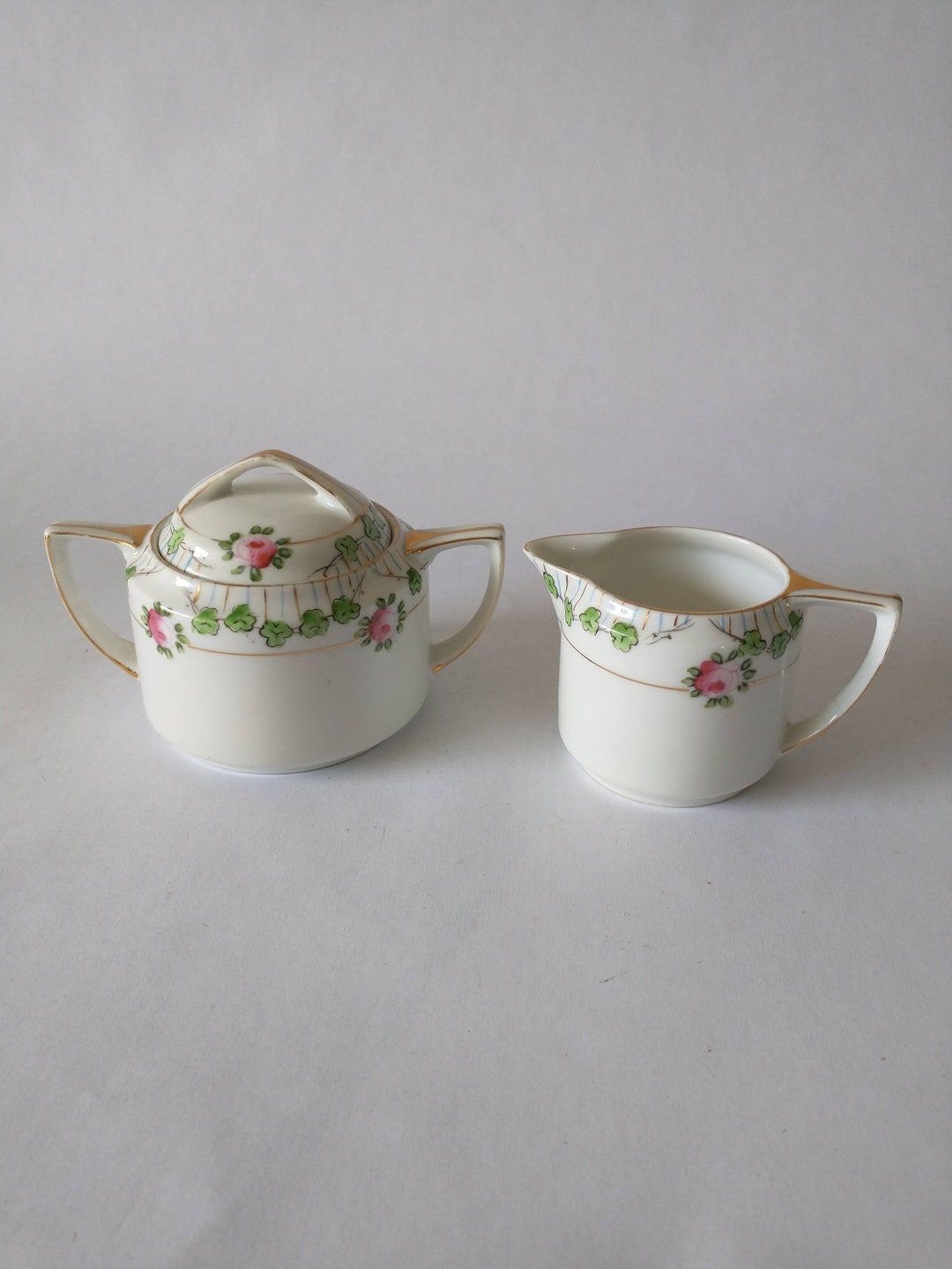 Nippon Japan Creamer and Sugar Set Vintage Nippon Pink Roses Cream and