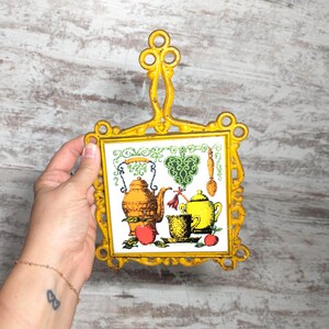 Yellow Cast Iron/Ceramic Trivet | Vintage Japan Trivet | Vintage 1950s Home Scene Tile Cast Iron Kitchen Trivet