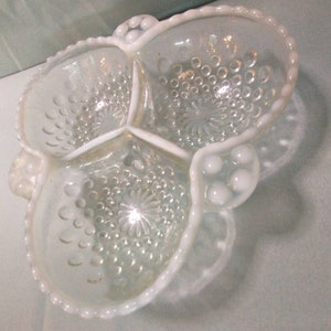 Fenton Hobnail Trinket Divided Dish in Moonstone Clear Opalescent | 3 Sectioned Fenton Art Glass Dish | Opalescent Hobnail Art Glass Dish