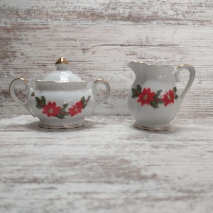 Lefton Gold-Rim Christmas Creamer and Sugar Set | Vintage Lefton Poinsettia Cream and Sugar Set | Vintage Lefton Cream & Sugar Set