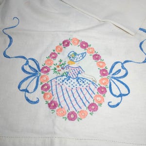 Embroidered Floral Table Runner | Vintage Embroidered Table Runner Decor | Vtg Hand Embroidered Table Runner with Victorian Girl and Flowers
