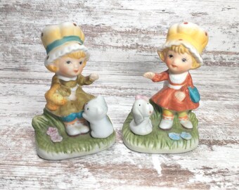 Vintage Homco Little Miss Muffet Figurines: Bisque Porcelain Girls with Pets