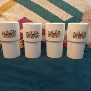 4 Spice Of Life Stacking Plastic Mugs | Vintage Vegetable/Mushroom Plastic Mugs Set | Cute Stacking 70s Plastic Mugs Spice of Life Pattern