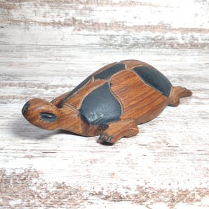 Vintage 1970s Hand-Painted Wooden Turtle Figurine: Rustic Folk Art Decor