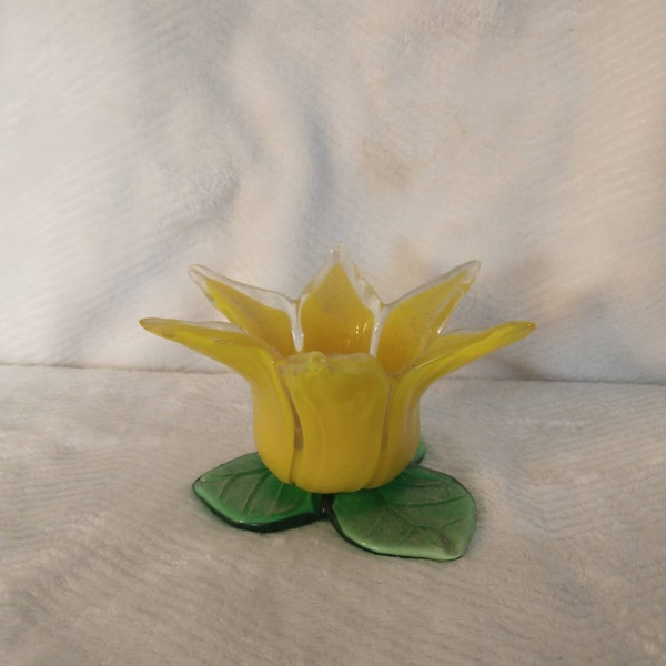 Art Glass Daffodil Tea Light Holder | Art Glass Flower | Glass Flower Candle Holder | Yellow/Green Glass Flower | Glass Daffodil