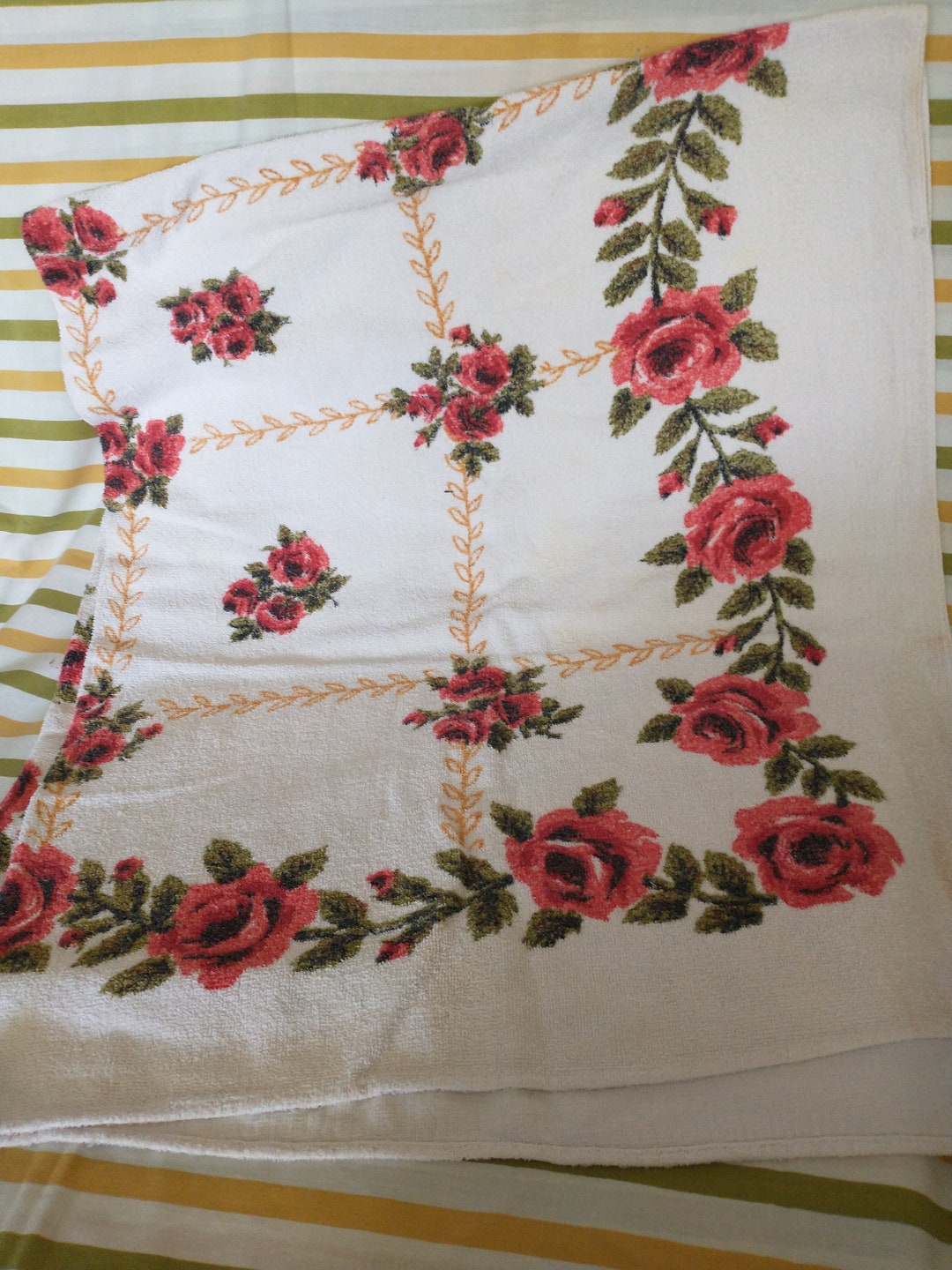 Terry Cloth Floral Table Cloth Vintage Tablecloth With Big Reddish Pink