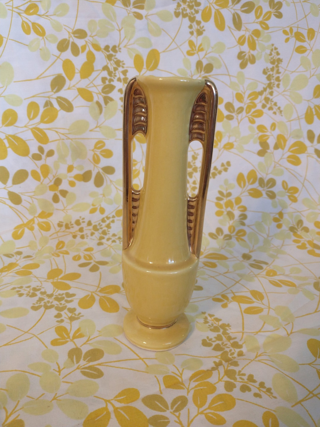 Antique Bud Vase USA Pottery Mid Century Yellow and Gold Doublehandled