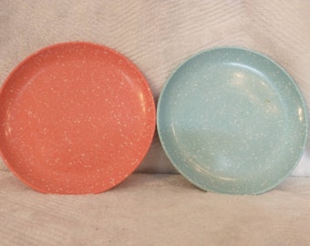 Set of 2 Melmac Texasware-Style Saucers in Cute 1960s Salmon and Aqua | Vintage Melmac Saucers | Set of 2 Saucers in Mid Century Colors