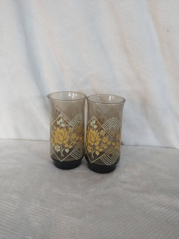 2 Vintage Boho Golden Rose Patterned Glasses Cottage Core 