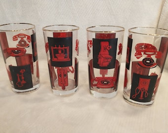 Vintage Red & Black Phone Glasses - Mid Century Barware Set of 3