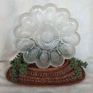 Sunflower Indiana Glass Egg Plate | Vntg Clear Glass Indiana Glass Deviled Egg Plate | Deviled Egg Plate by Indiana Glass w/ Bubbles