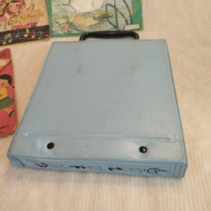May include: A light blue record player case with a black handle. The case has two black dots on the front and a black line around the edge.