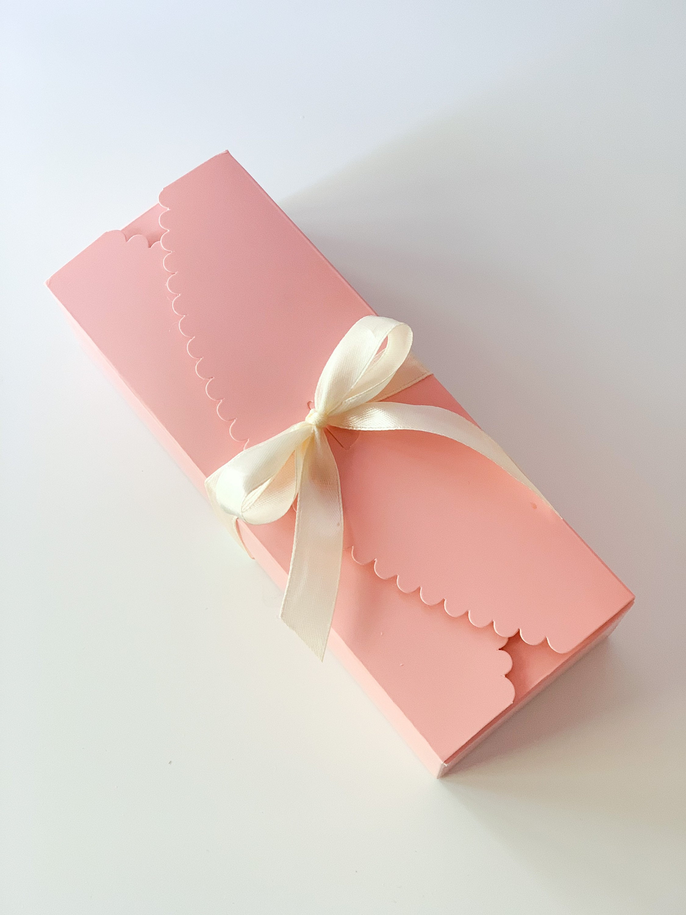 12 Small Scalloped Pink Bakery Boxes With Ivory Ribbons, Pink Biscuit