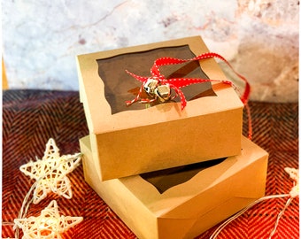 Set of 5 Kraft Brown Boxes with Jingle Bells and Red Stitch Ribbon for Holiday Gift Box, Christmas Cookie Box, Cookie Boxes with Lids