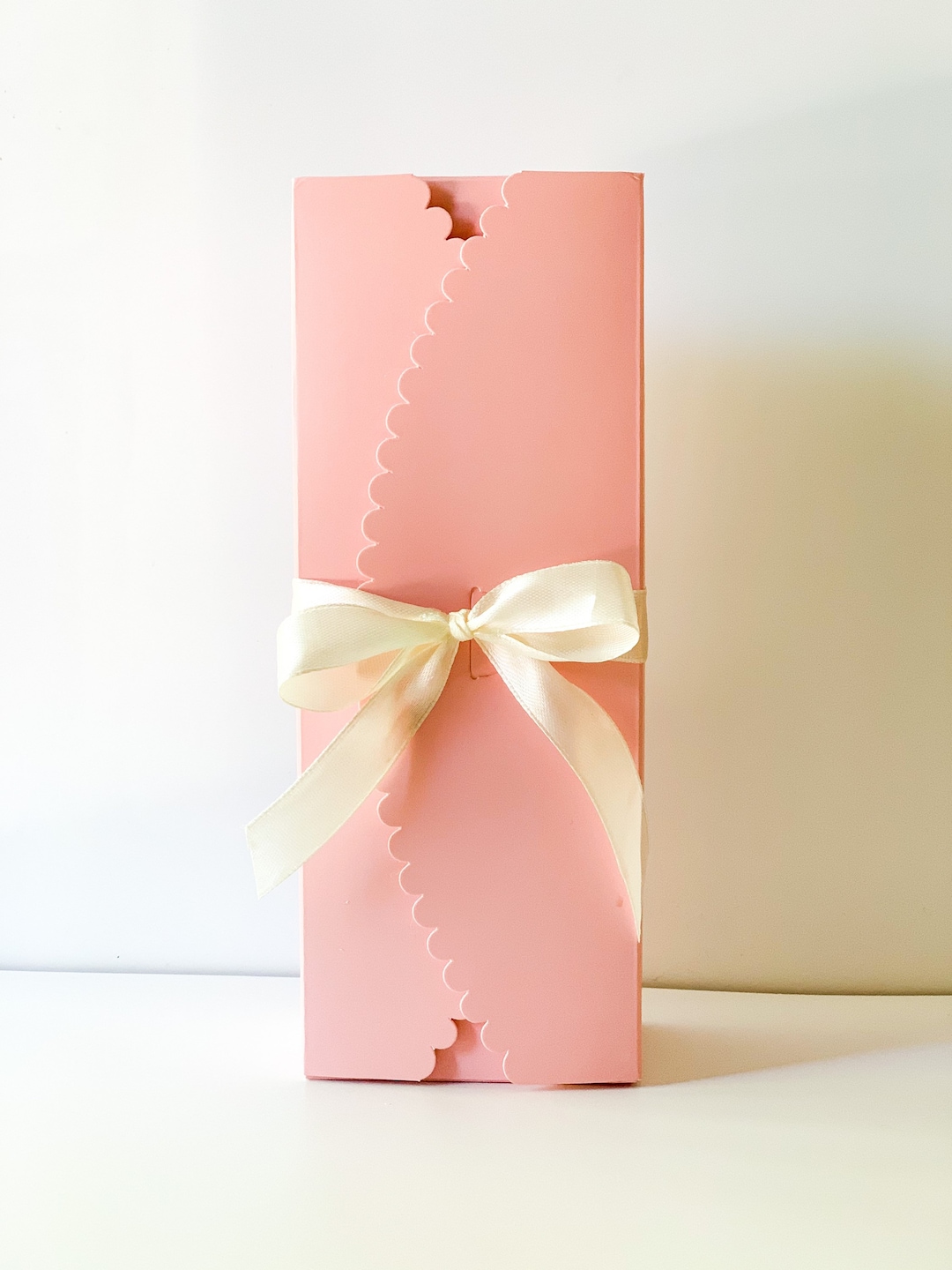 12 Small Scalloped Pink Bakery Boxes With Ivory Ribbons, Pink Biscuit