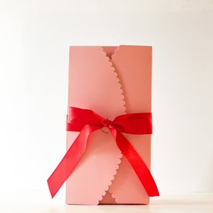 6 Scalloped Rectangle Pink Boxes with Red Satin Ribbons, Valentine Gift Box, Pastry Box, Bakery Box, Cake Box, Cookie Box