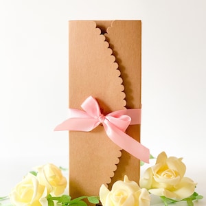 10 Scalloped Kraft Brown Boxes with Pink Satin Ribbons, Mother&#39;s Day Gift Box, Pastry Box, Strawberry Box, Candy Box, Cookie Box,  Cake Box
