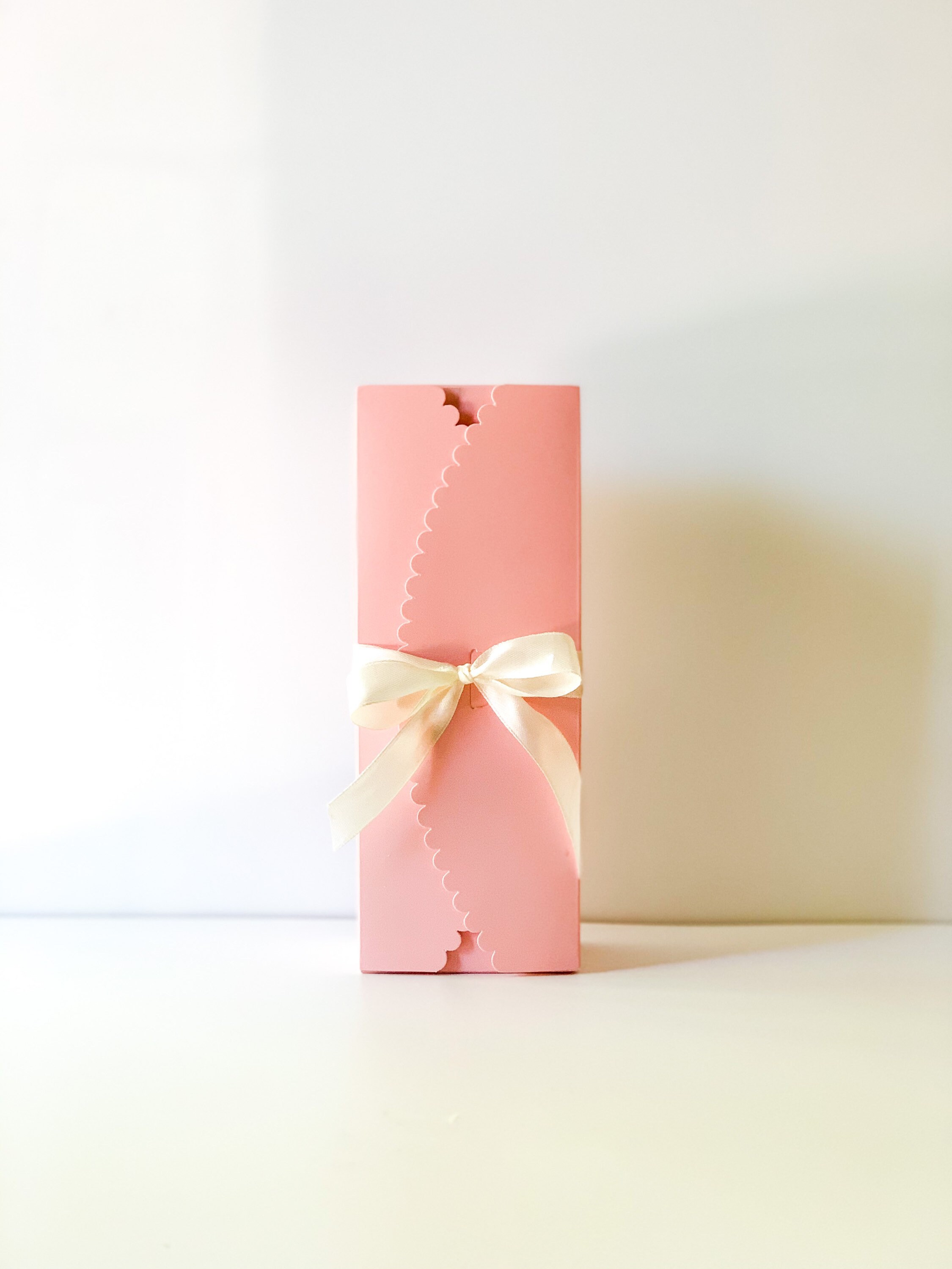 12 Small Scalloped Pink Bakery Boxes With Ivory Ribbons, Pink Biscuit