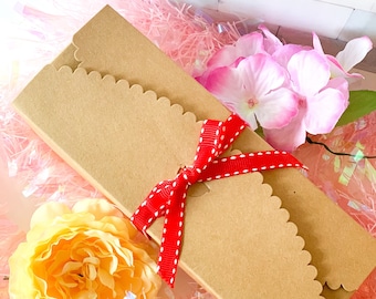 10 Small Scalloped Kraft Brown Boxes with Red Stitch Ribbons, Holiday Gift Box, Pastry Box, Macaroon Box, Candy Box, Christmas Cookie Box