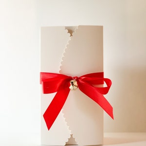 8 Scalloped White Boxes with Red Satin Ribbons and Jingle Bells, Christmas Cookie Box, Christmas Gift Boxes, Holiday Packaging