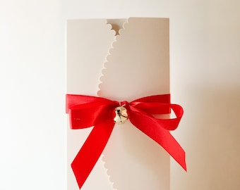 6 Scalloped White Boxes with Red Satin Ribbons and Jingle Bells, Christmas Cookie Box, Christmas Gift Boxes, Holiday Packaging