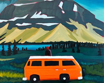 Day 18/30 Oil Painting Van Travel Adventure Mountain Lake Moon