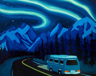 Day 20/30 Oil Painting Northern Lights Van Travel Mountain Landscape Galaxy Stars Night Forest