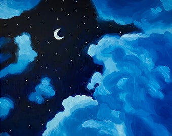 Day 5/30 Oil Painting Fantasy Night Sky Clouds Moon Galaxy