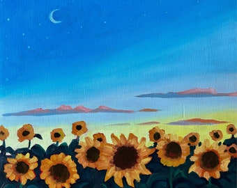 Day 19/30 Oil Painting Landscape Sunflower Moon Sunset Clouds