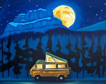 Day 23/30 Oil Painting Moon Van Travel Castle Mountain Landscape Night Galaxy Fantasy