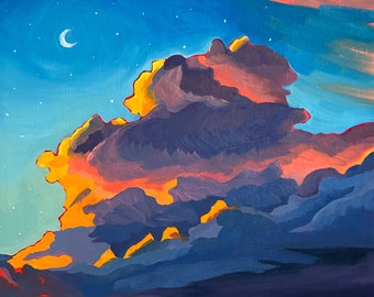 Day 7/30 Oil Painting Fantasy Sunset Clouds Moon